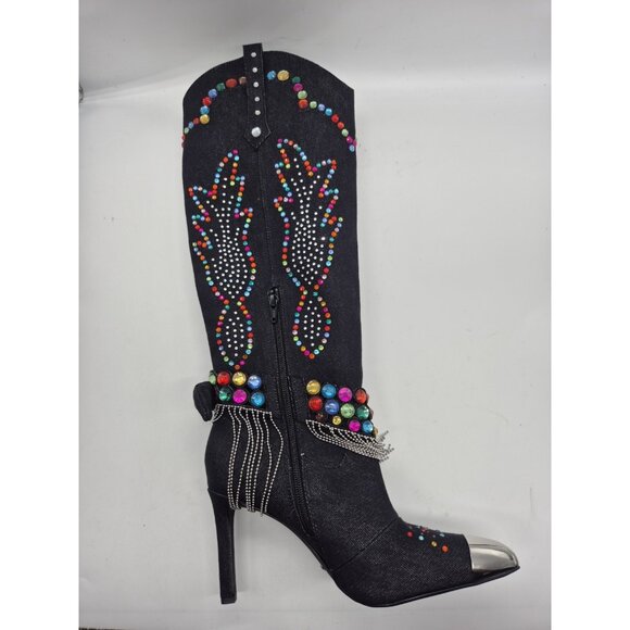 Gianni Bini Women's Boots Size 7 Kaitlin Rhinestone Fringe Denim Cowboy Black - Picture 6 of 14
